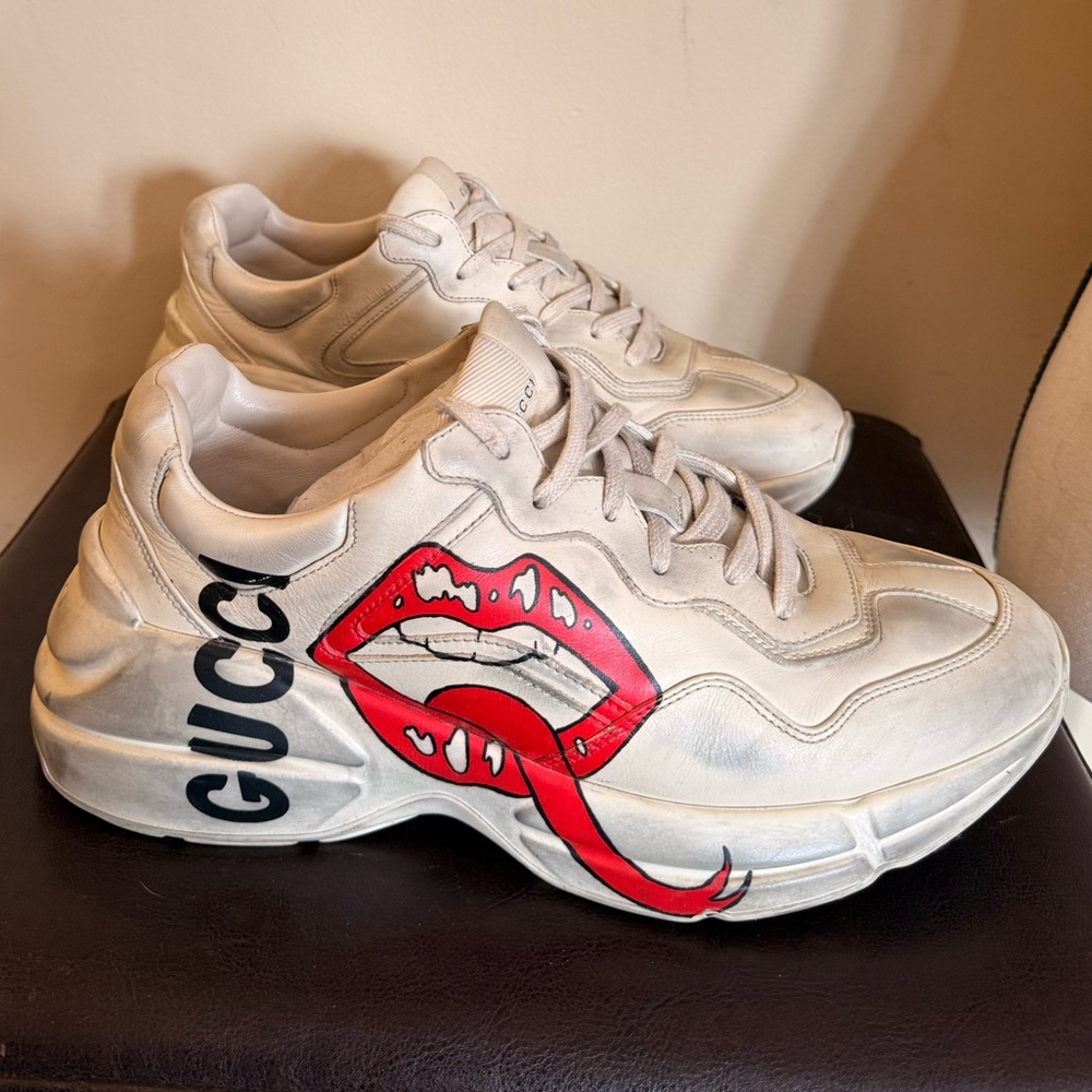Gucci Rhyton Lips mouth Print Chunky Sneakers White Leather Men’s 7 Women’s 9 - Picture 2 of 7